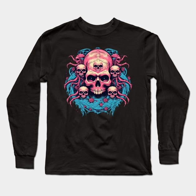 Wiccan Skull with Flowers and Little Skulls Long Sleeve T-Shirt by TOKEBI